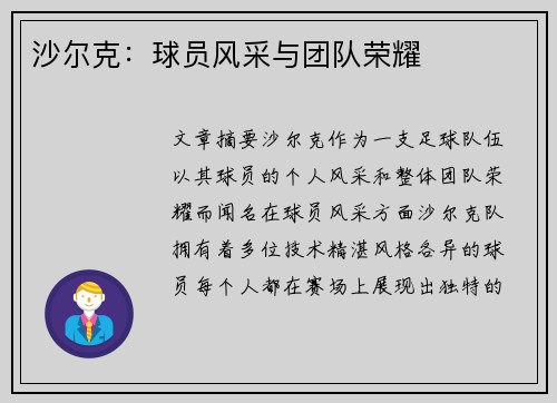沙尔克：球员风采与团队荣耀