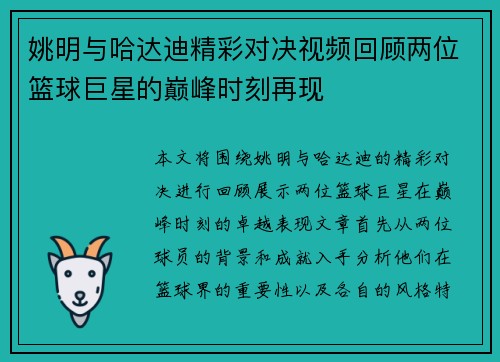 姚明与哈达迪精彩对决视频回顾两位篮球巨星的巅峰时刻再现